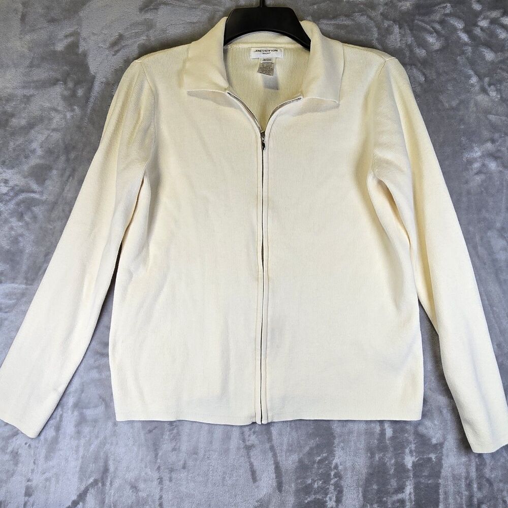 Jones New York Sport Women Full Zip Jacket Small Ivory Ribbed Comfort *sm stains